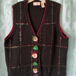 Vintage Holiday Christmas Sequins Black Knit Vest